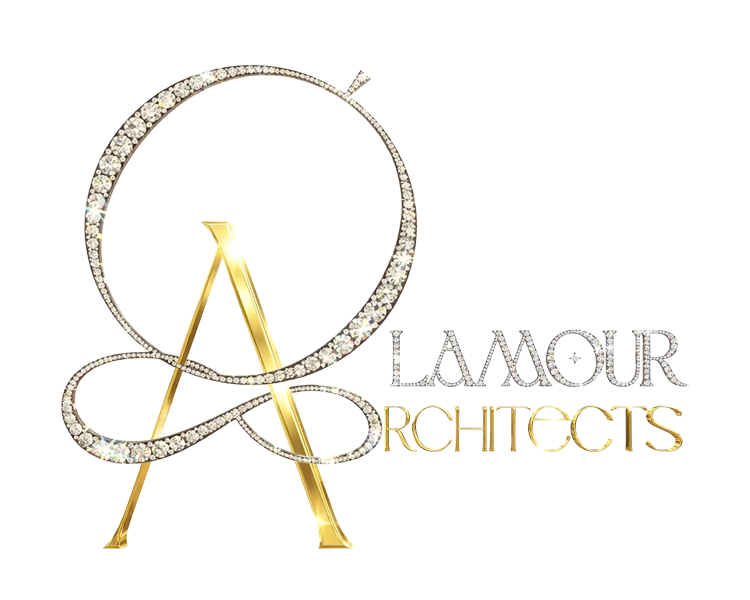 brand logo for l'amour architects featuring a gold stylized a intertwined with a diamond-studded circular motif and the text l'amour architects.